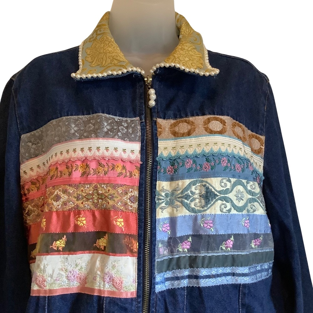 Taylor G Dallas Denim Patchwork Jacket Pearl Trim Brocade Collar Mixd Media Blue